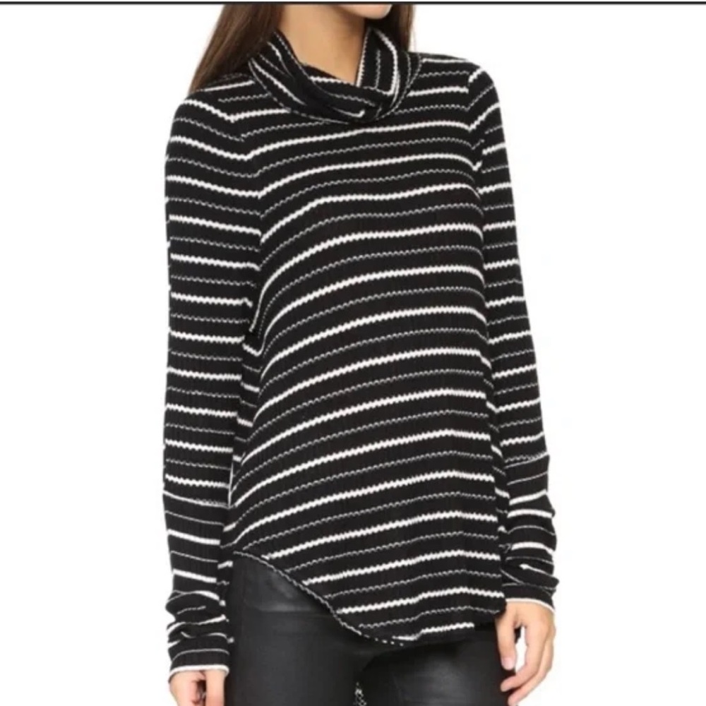 We the Free black and white striped waffle textured cowl neck top